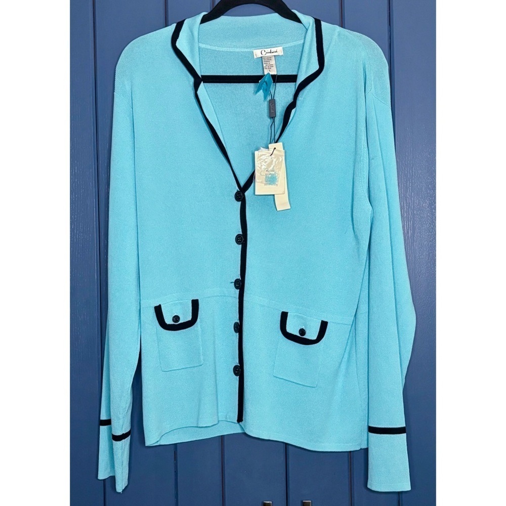 Vintage Corducci Light Blue Black Trim Cardigan Sweater Large New NOS Old Money